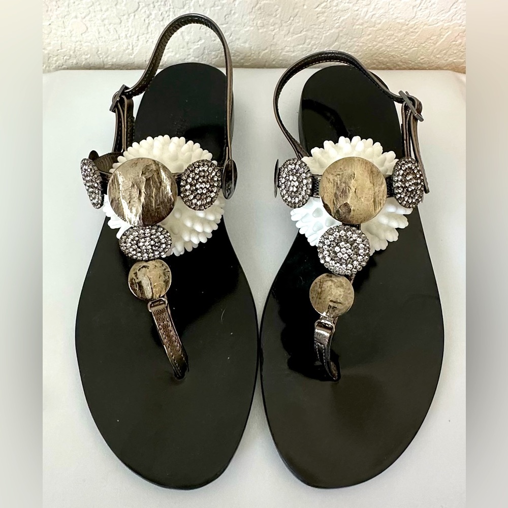 Positano Sandal Vero Cuoio Embellished w/ Black & White Swarovski, Size 38